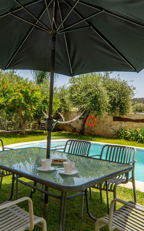 Villa Eftychia: basseng, Hage, Utendørs